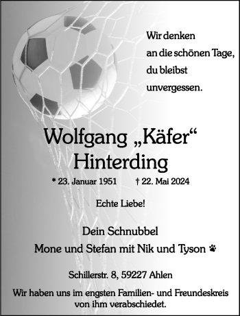 Anzeige von Wolfgang Hinterding 