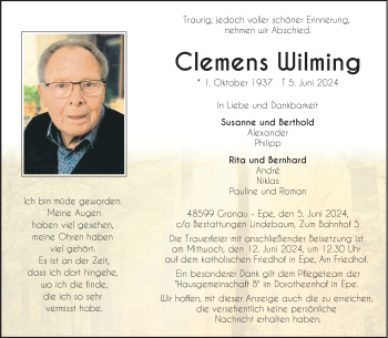Anzeige von Clemens Wilming 