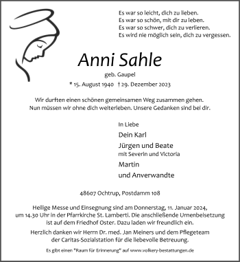 Anzeige von Anni Sahle 