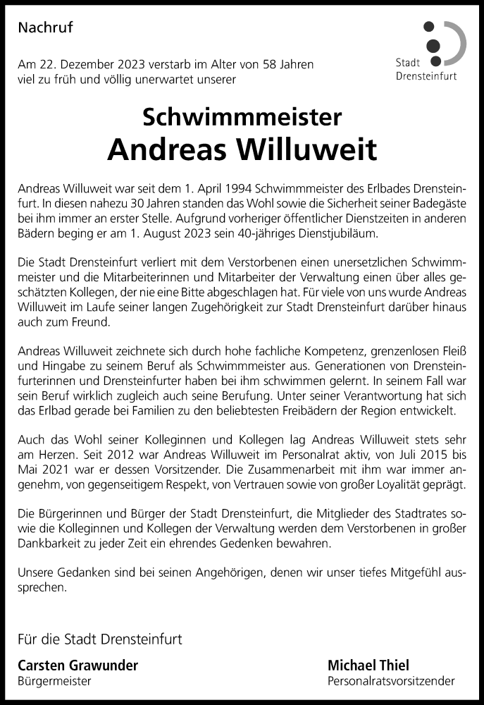  Traueranzeige für Andreas Willuweit vom 30.12.2023 aus 