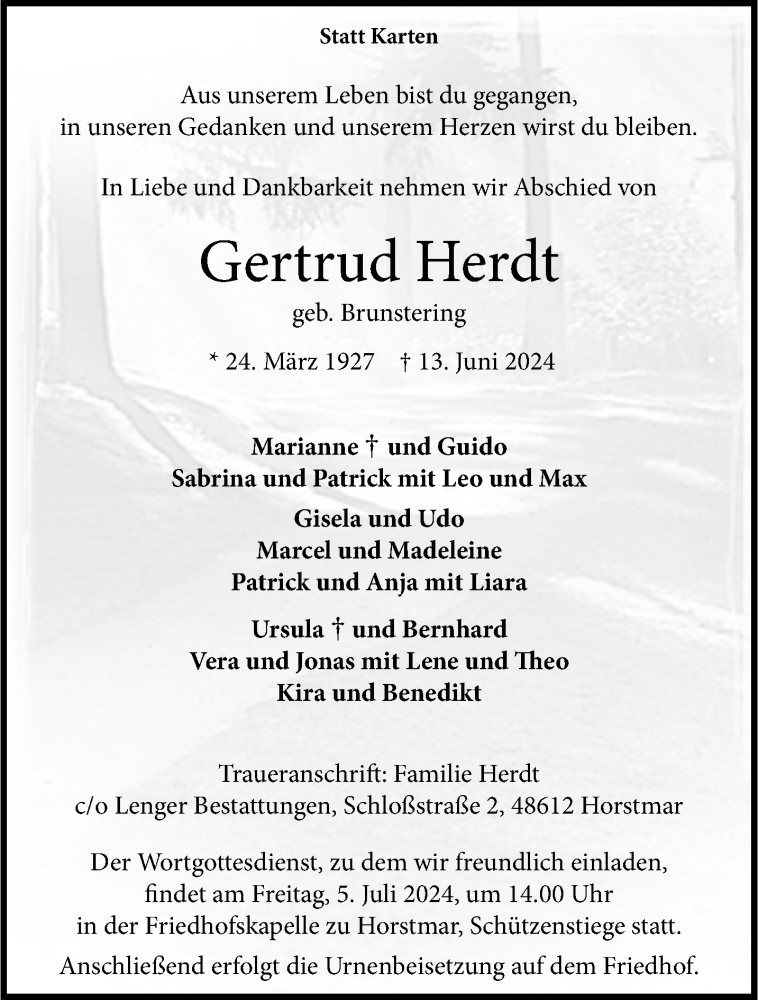 Traueranzeige für Gertrud Herdt vom 22.06.2024 aus 