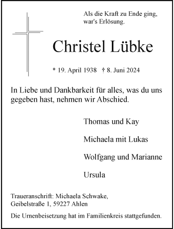 Anzeige von Christel Lübke 