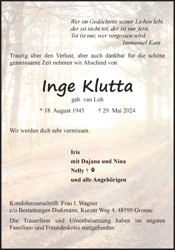 Anzeige von Inge Klutta 