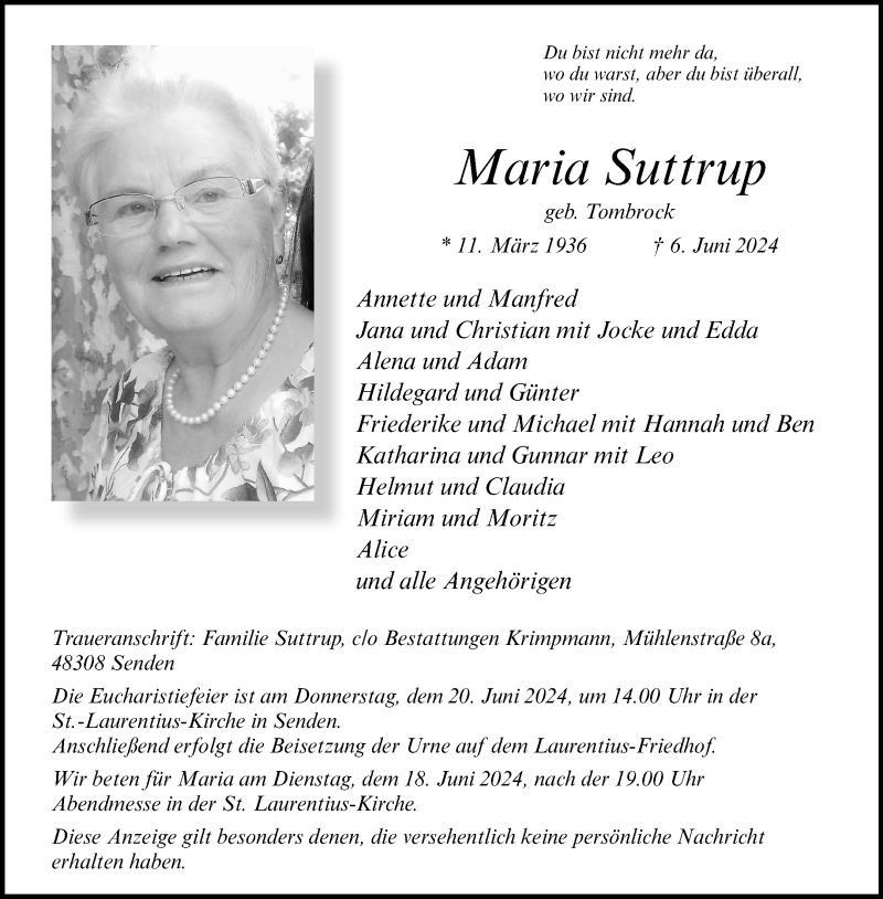  Traueranzeige für Maria Suttrup vom 15.06.2024 aus 