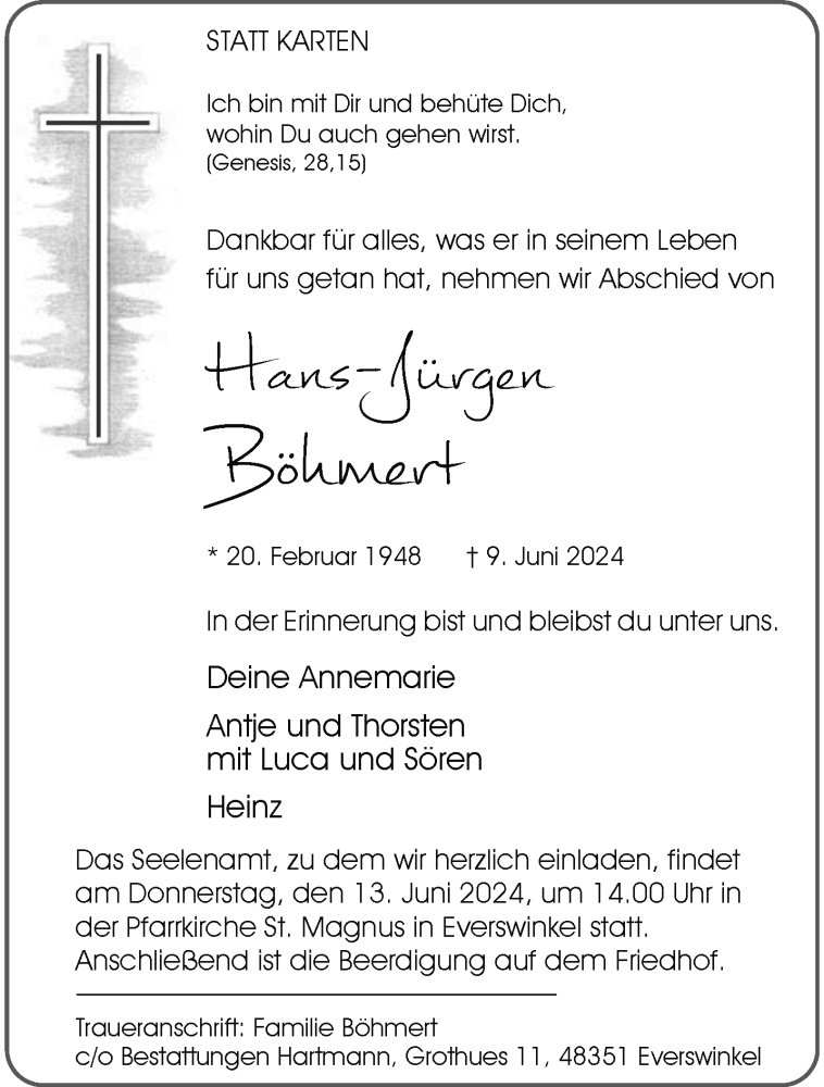  Traueranzeige für Hans-Jürgen Böhmert vom 12.06.2024 aus 