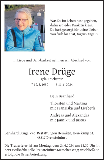 Anzeige von Irene Drüge 