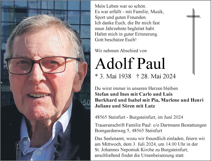 Traueranzeige für Adolf Paul vom 08.06.2024 aus 