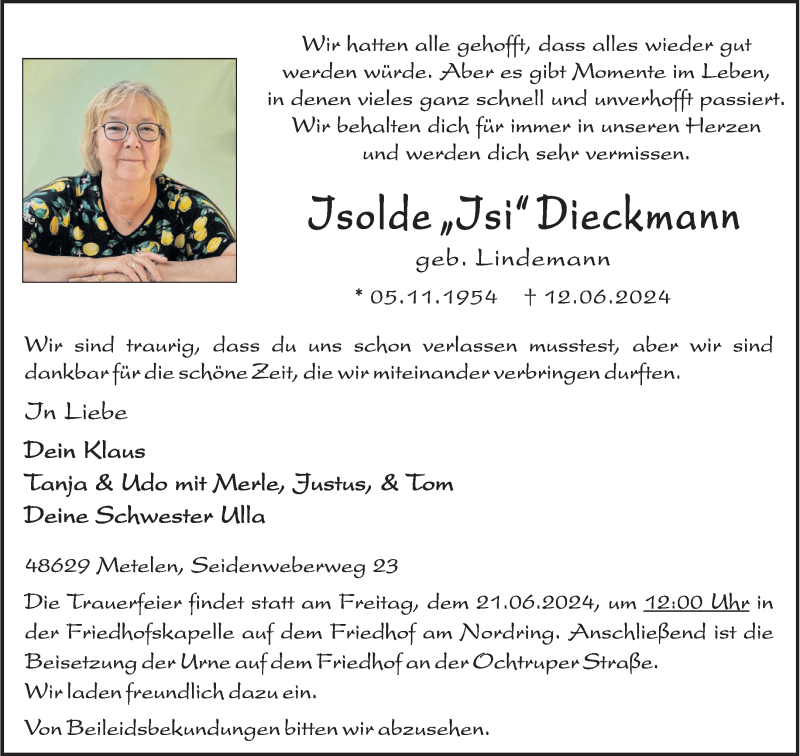 Traueranzeige für Isolde Dieckmann vom 18.06.2024 aus 