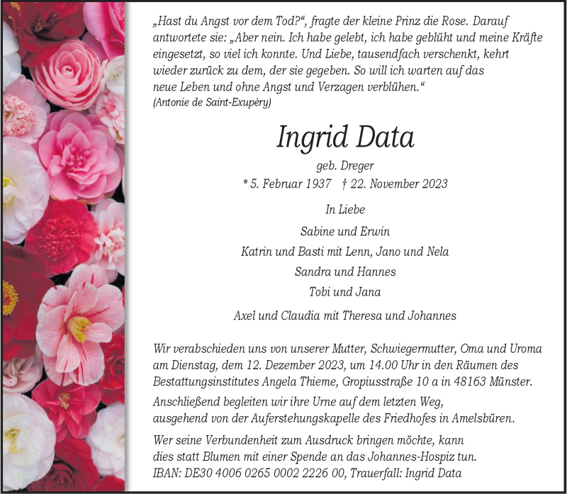  Traueranzeige für Ingrid Data vom 09.12.2023 aus 
