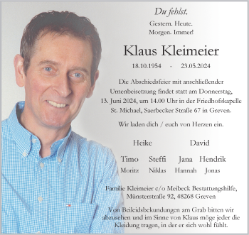 Anzeige von Klaus Kleimeier 