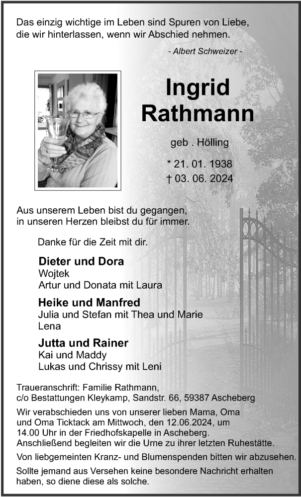  Traueranzeige für Ingrid Rathmann vom 08.06.2024 aus 