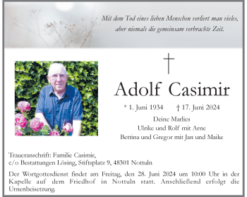 Anzeige von Adolf Casimir 