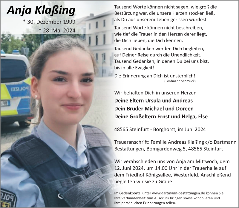  Traueranzeige für Anja Klaßing vom 08.06.2024 aus 