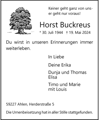 Anzeige von Horst Buckreus 