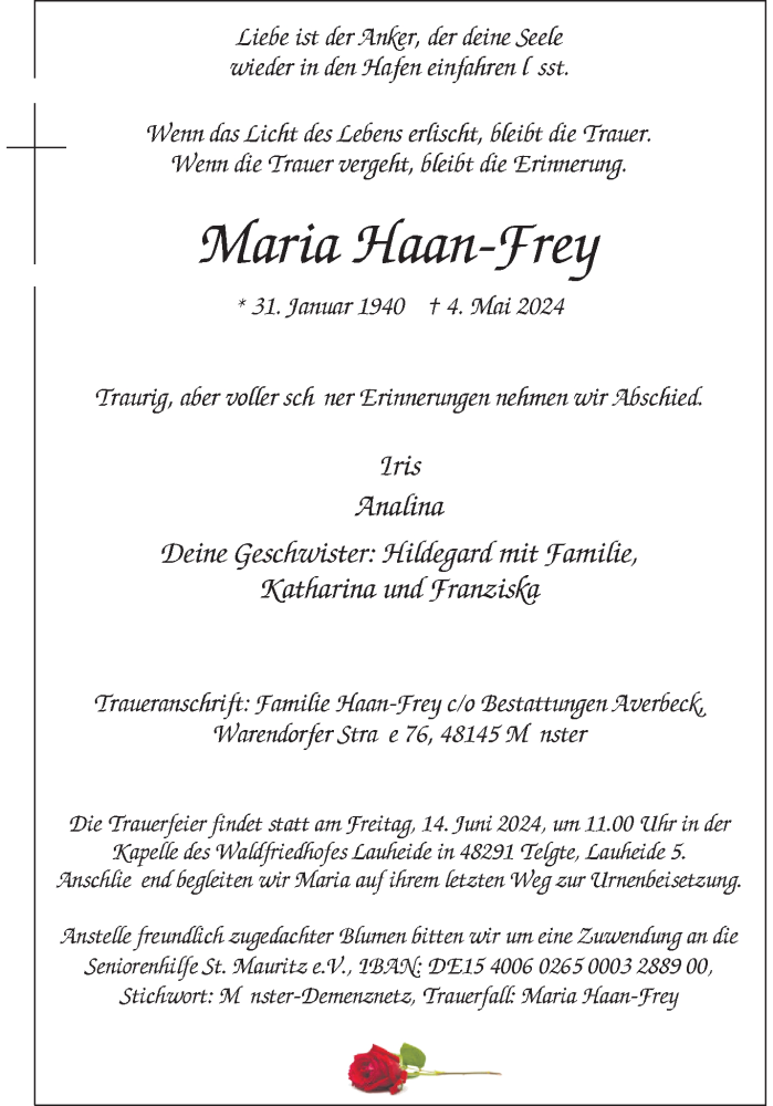  Traueranzeige für Maria Haan-Frey vom 01.06.2024 aus 