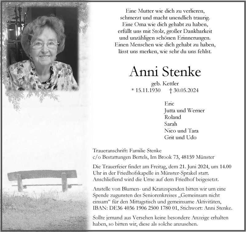  Traueranzeige für Anni Stenke vom 15.06.2024 aus 