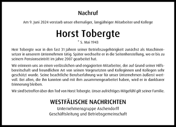 Anzeige von Horst Tobergte 