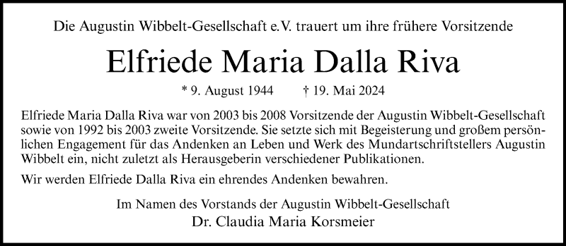  Traueranzeige für Elfriede Maria Dalla Riva vom 01.06.2024 aus 