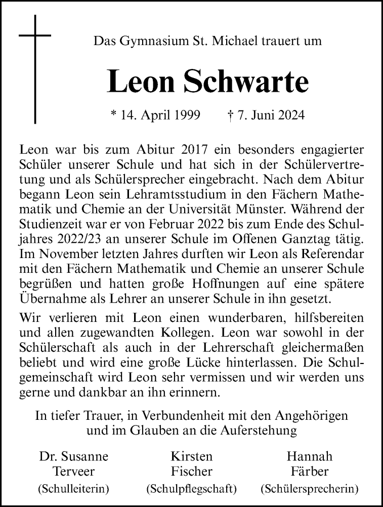  Traueranzeige für Leon Schwarte vom 15.06.2024 aus 