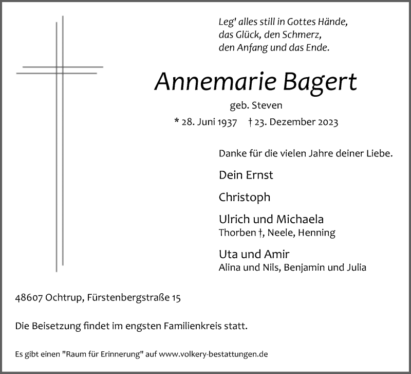  Traueranzeige für Annemarie Bagert vom 29.12.2023 aus 