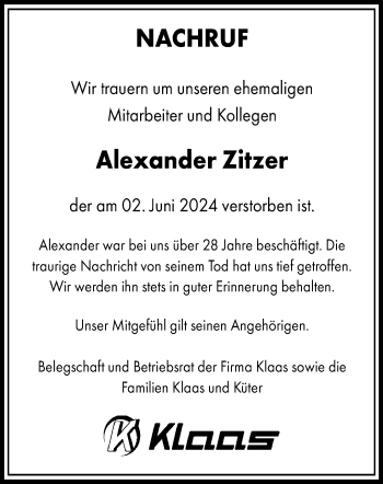 Anzeige von Alexander Zitzer 