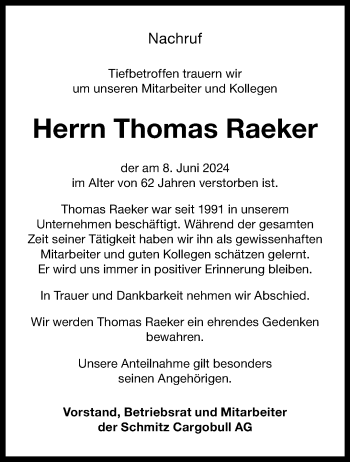 Anzeige von Thomas Raeker 