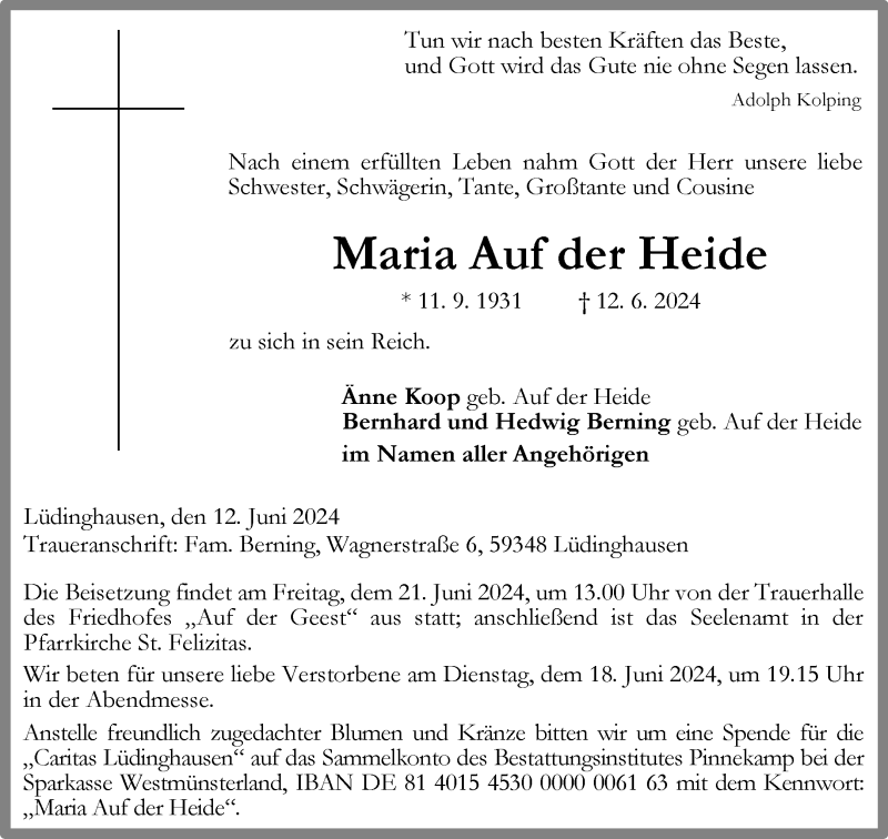  Traueranzeige für Maria Auf der Heide vom 15.06.2024 aus 