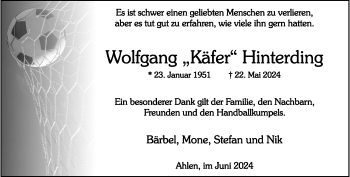 Anzeige von Wolfgang Hinterding 