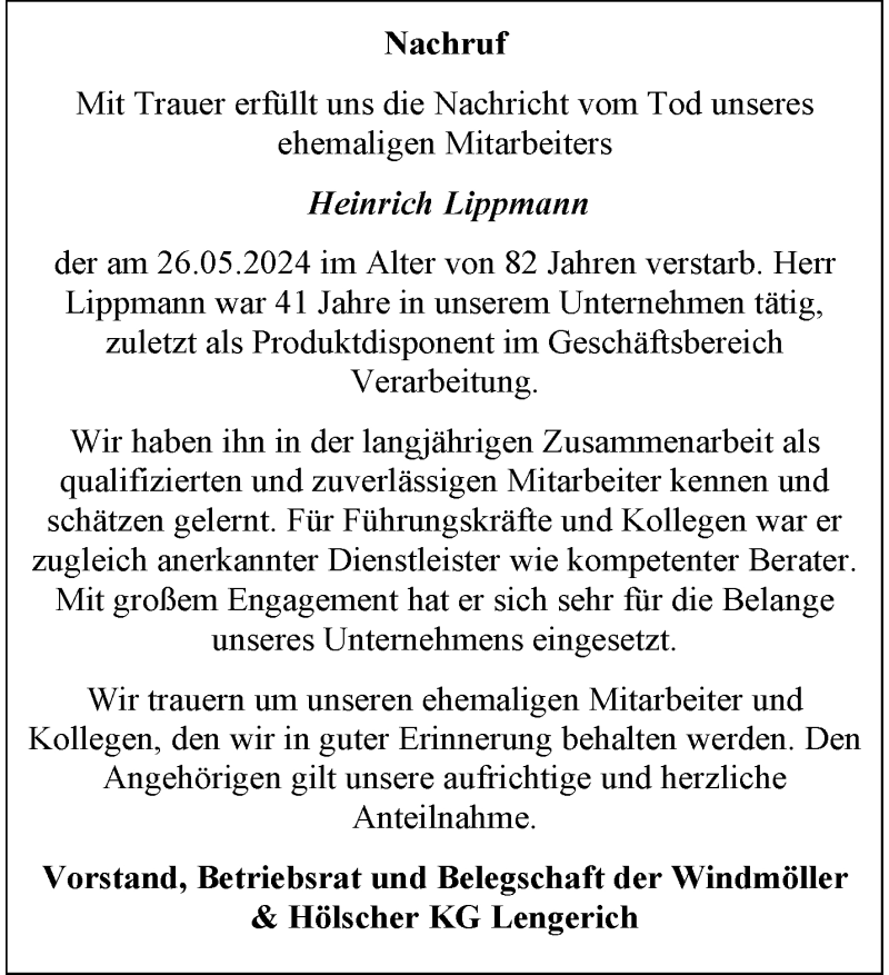  Traueranzeige für Heinrich Lippmann vom 10.06.2024 aus 