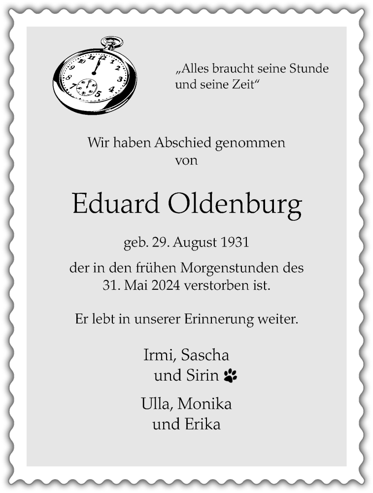  Traueranzeige für Eduard Oldenburg vom 15.06.2024 aus 