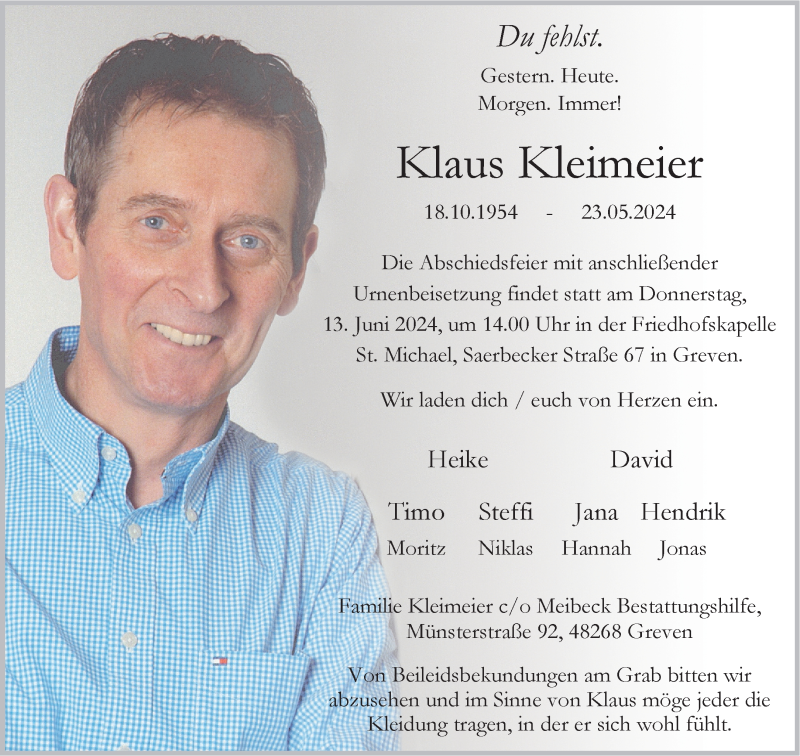  Traueranzeige für Klaus Kleimeier vom 08.06.2024 aus 
