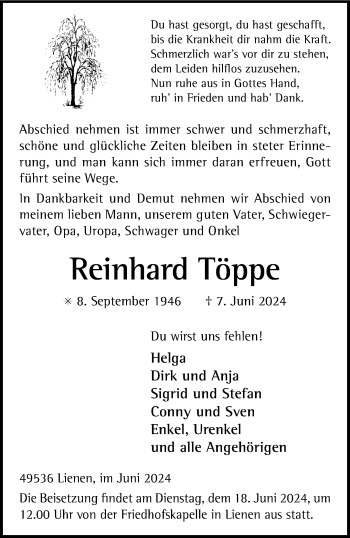Anzeige von Reinhard Töppe 