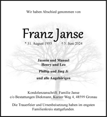 Anzeige von Franz Janse 