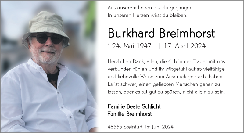  Traueranzeige für Burkhard Breimhorst vom 01.06.2024 aus 