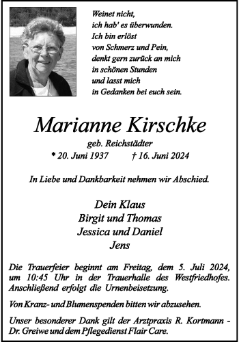 Anzeige von Marianne Kirschke 