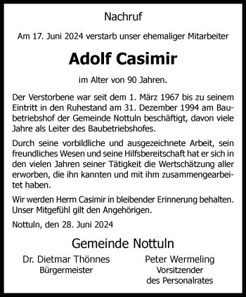 Anzeige von Adolf Casimir 