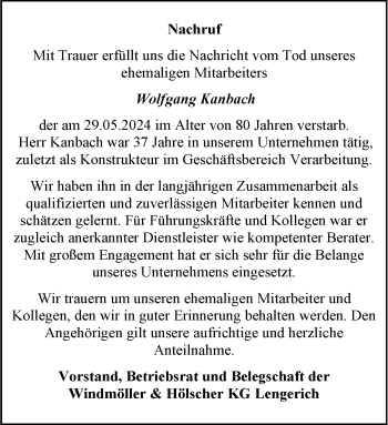 Anzeige von Wolfgang Kanbach 