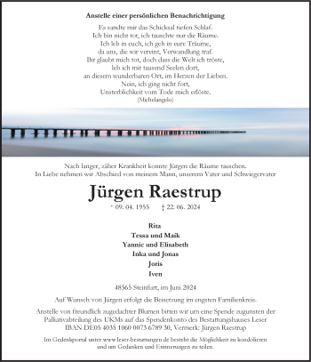 Anzeige von Jürgen Raestrup 