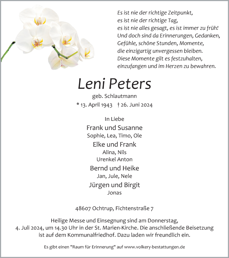  Traueranzeige für Leni Peters vom 29.06.2024 aus 