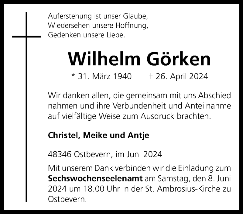  Traueranzeige für Wilhelm Görken vom 05.06.2024 aus 