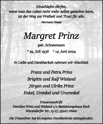 Anzeige von Margret Prinz 