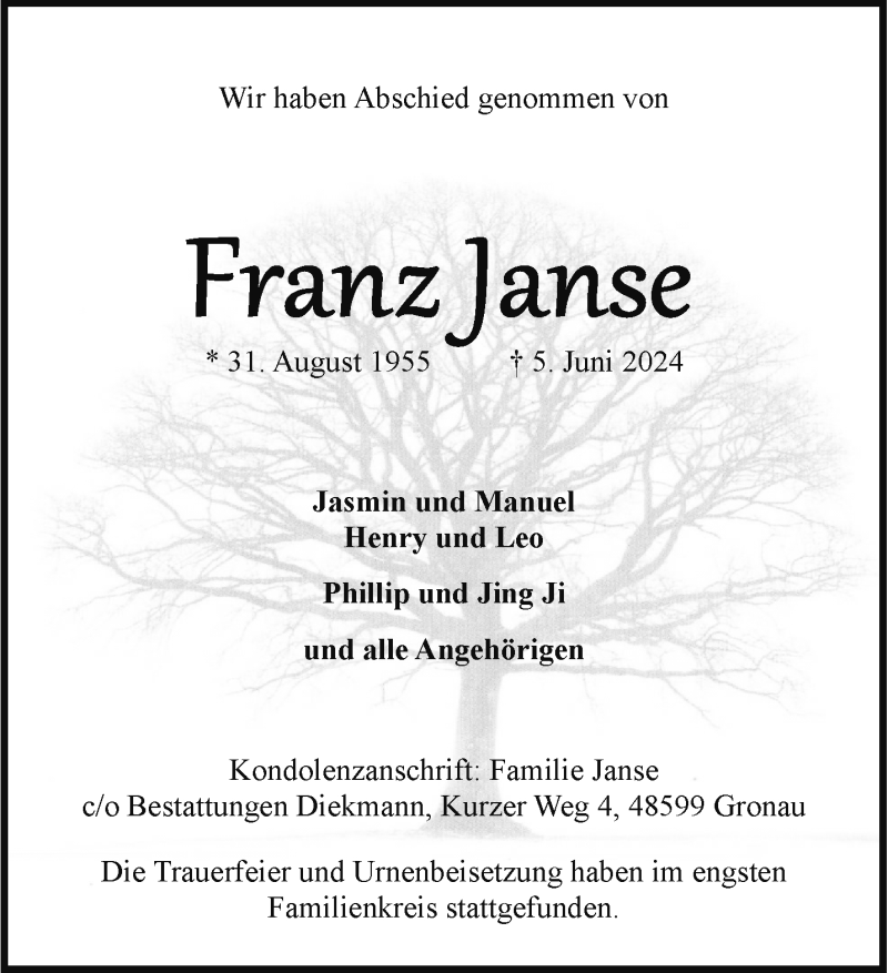 Traueranzeige für Franz Janse vom 22.06.2024 aus 
