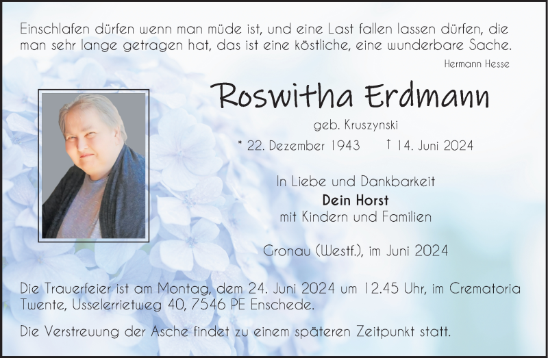  Traueranzeige für Roswitha Erdmann vom 19.06.2024 aus 