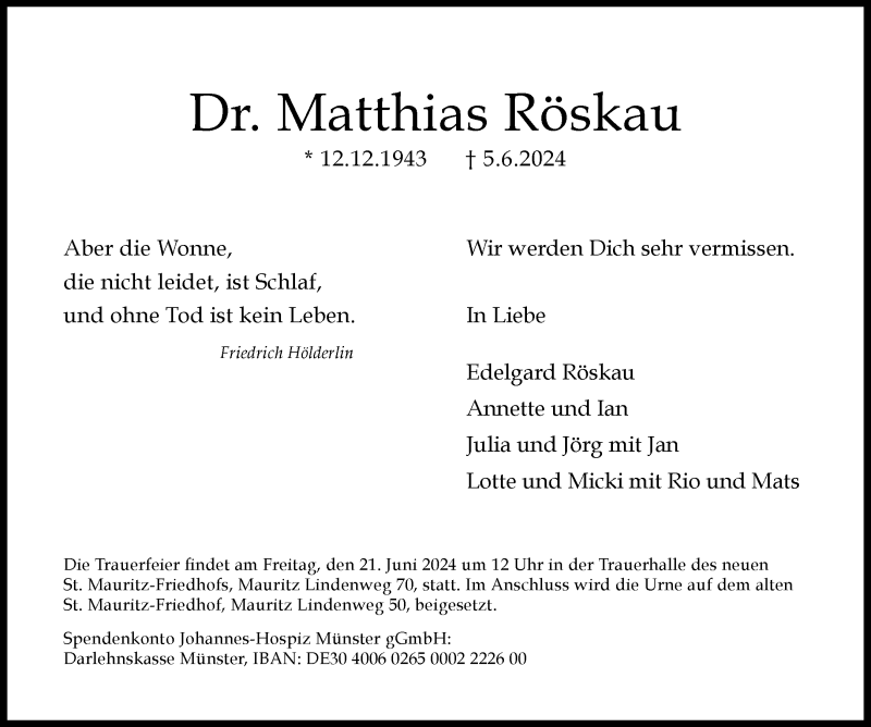  Traueranzeige für Dr. Matthias Röskau vom 15.06.2024 aus 