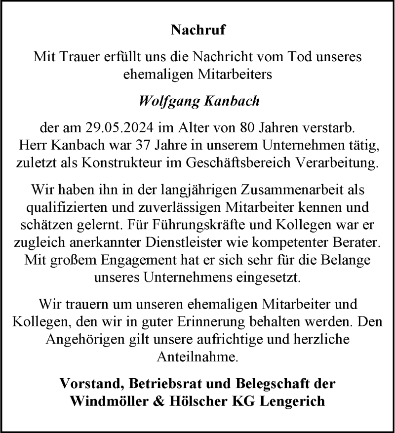  Traueranzeige für Wolfgang Kanbach vom 17.06.2024 aus 