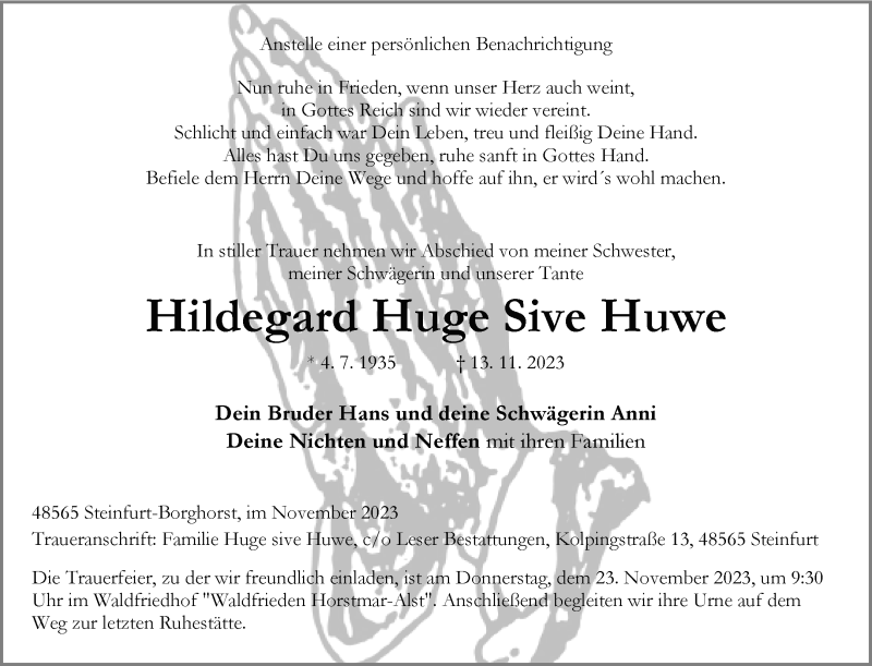  Traueranzeige für Hildegard Huge Sive Huwe vom 18.11.2023 aus 