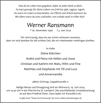 Anzeige von Werner Ransmann 