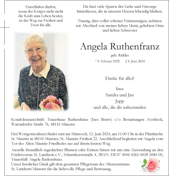 Anzeige von Angela Ruthenfranz 