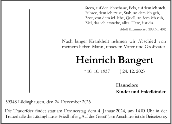 Anzeige von Heinrich Bangert 