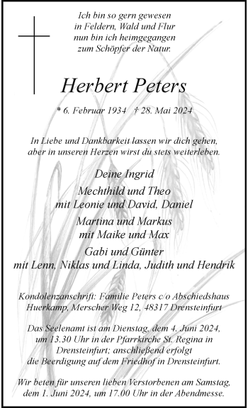 Anzeige von Herbert Peters 